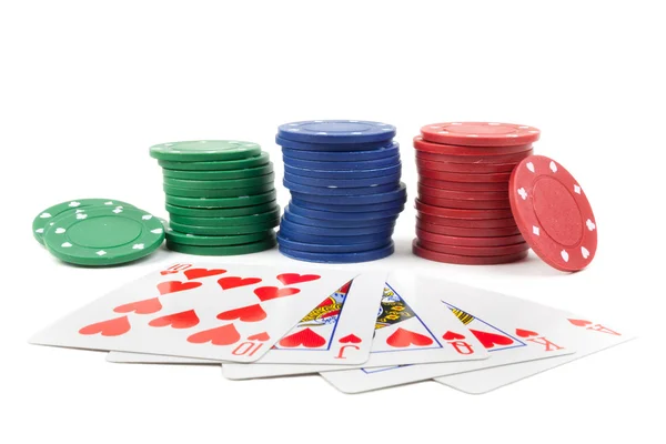 Stack of chips and a royal flush — Stock Photo, Image