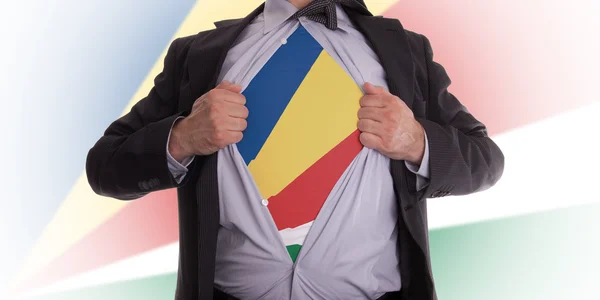 Affärsman med Seychellerna flagga t-shirt — Stockfoto