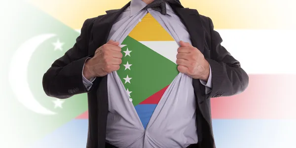 Homme d'affaires avec le t-shirt drapeau des Comores — Photo
