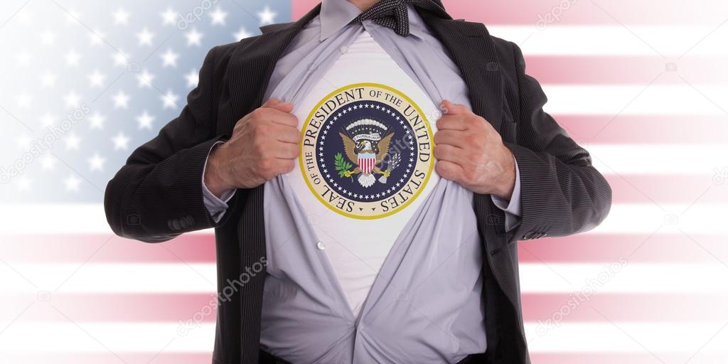 Businessman with presidential seal t-shirt