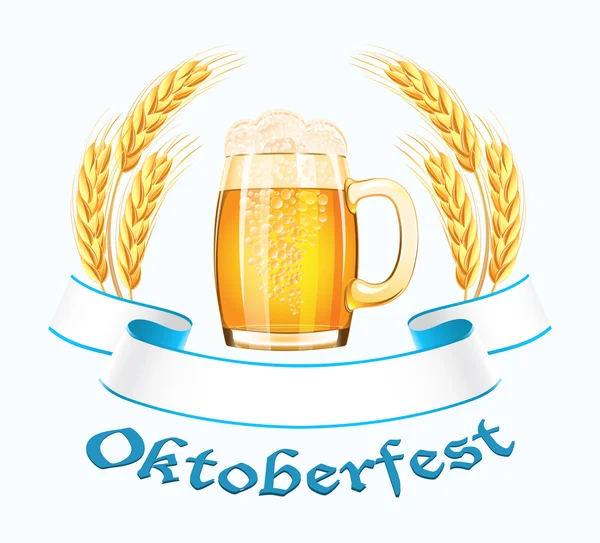 Oktoberfest nápis s ušima, hrnek a pšeničné pivo — Stockový vektor