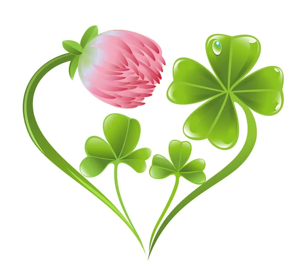 Icône de coeur avec feuille de trèfle et fleur — Image vectorielle