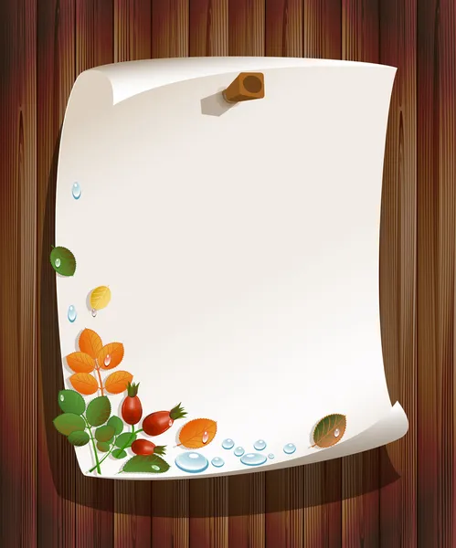 Feuilles d'automne avec hanches roses et carton sur fond bois — Image vectorielle