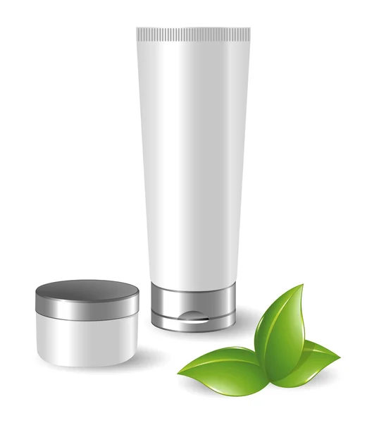 Prázdné kosmetické kontejnery s green leafs — Stockový vektor