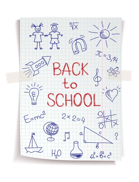 Elle geri okul kroki için kare içinde defter kağıt üzerine çizilmiş — Stok Vektör