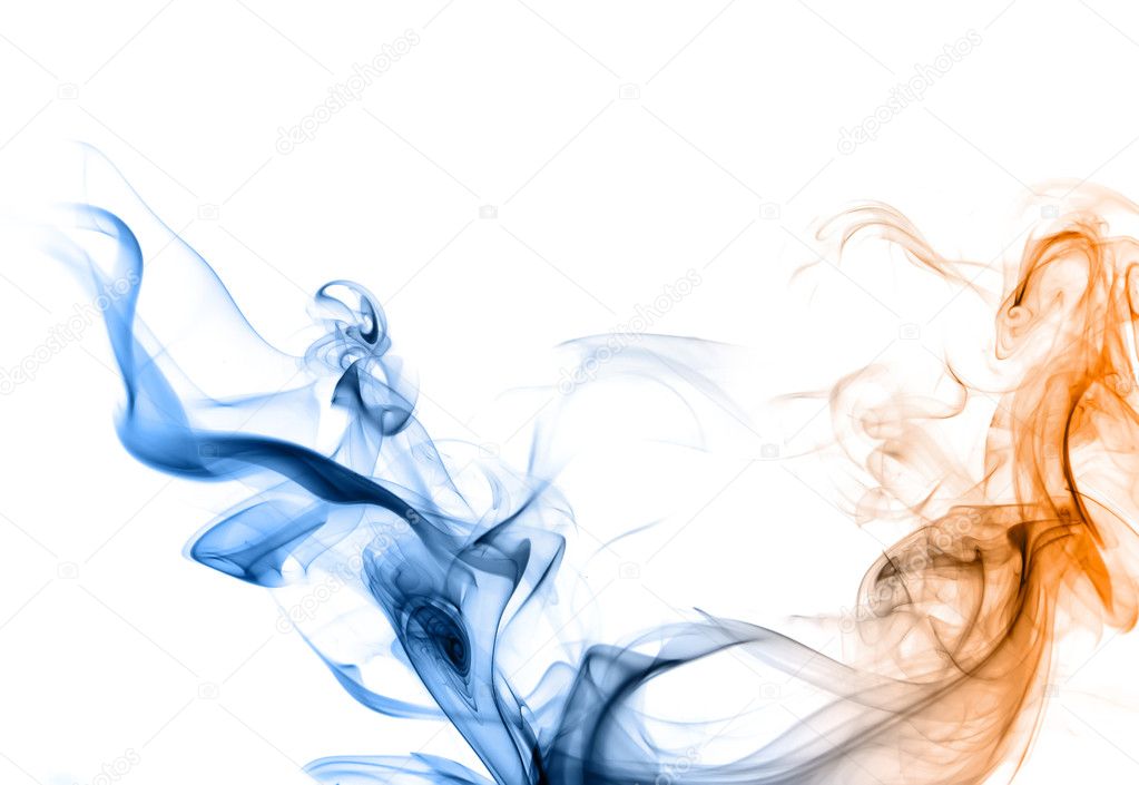 Blue and orange smoke on a white background.