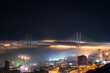 Zolotoy rog köprü gece sis tarafından çevrili.