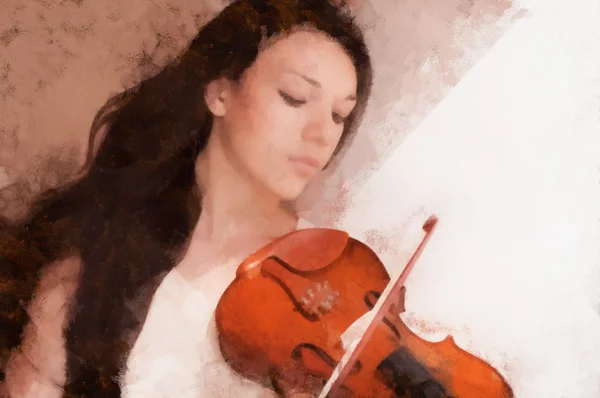 Young female and violin, drawn oil paints. — Stock Photo, Image