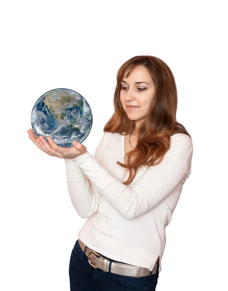 Kobieta trzymająca planetę Ziemia, — Zdjęcie stockowe