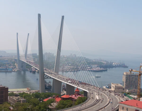 VLADIVOSTOK, RUSIA - 7 de julio: Flashmob "Me encanta Vladivostok" en el "Puente de Oro ". —  Fotos de Stock