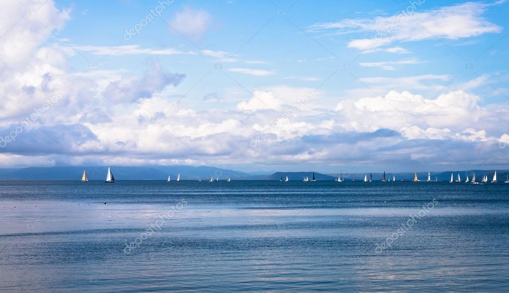 Seascape with sailboats.