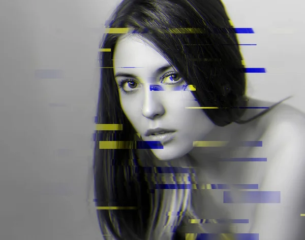 Portrait Young Woman Glitch Effect Contemporary Art — Stock Photo, Image