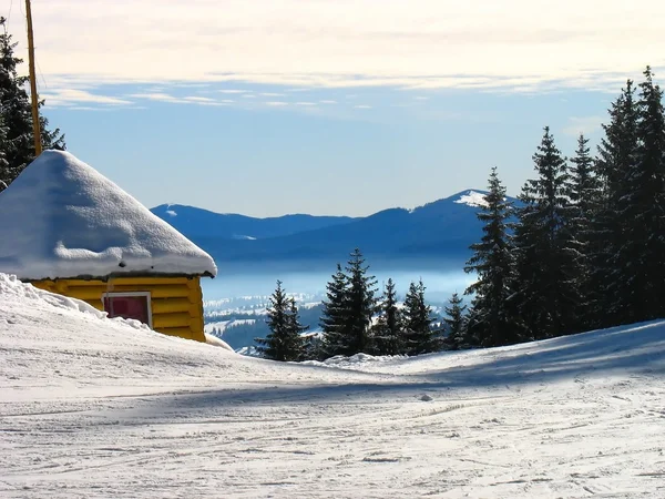 Зимний горный дом и лес — стоковое фото