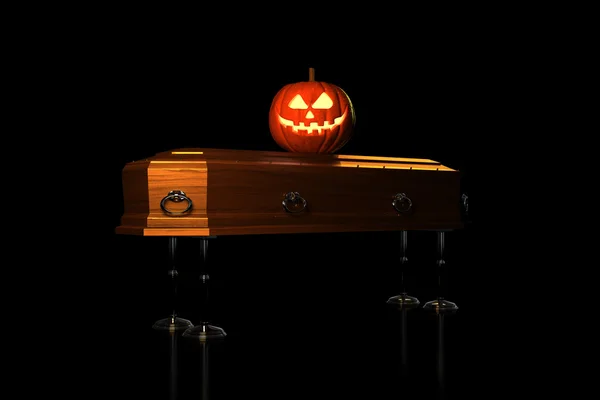 Halloween Pumpkin on the coffin — Stock Photo, Image