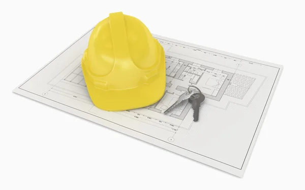 Architecturaal projectplan met helm — Stockfoto