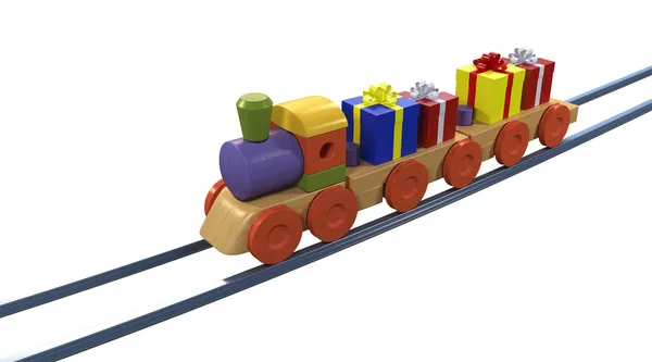 Caixas de presente no trem de brinquedo — Fotografia de Stock