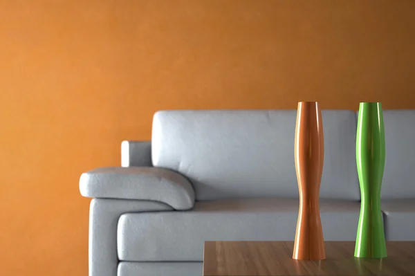 Kanepe ve mobilya turuncu duvara karşı — Stok fotoğraf
