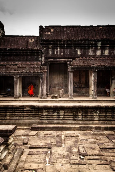 Three Monks walk on grass lawn (path) with umbrellas — Stock Photo, Image