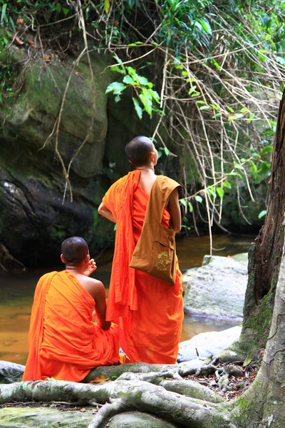 Mniši seděli poblíž stream, vodopády v džungli Royalty Free Stock Fotografie