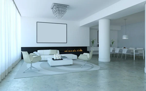 Salão minimalista branco estilo sala de estar e jantar — Fotografia de Stock