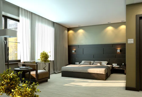 Moderní a luxusní interiér béžové elegantní ložnice — Stock fotografie