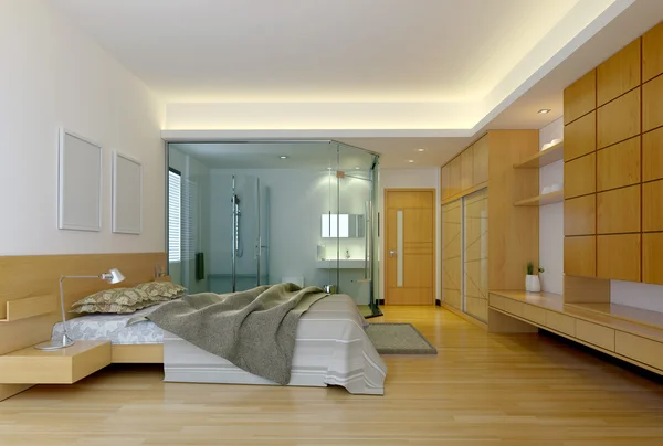Modern hotel bedroom with bathroom — Stock Photo, Image