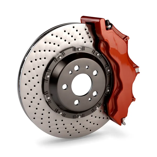Brake Disc and Red Calliper from a Racing Car isolated on white — Stock Photo, Image