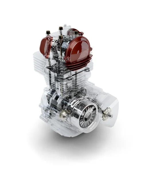 Assembled motorcycle performance engine in transparent case isol — Stock Photo, Image