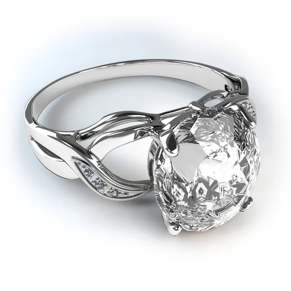 Свадебное серебряное кольцо с бриллиантом на белом фоне — стоковое фото