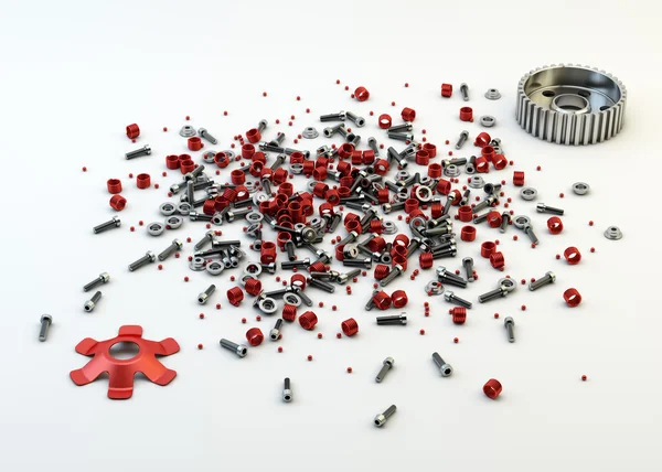 Pile of nuts and bolts from disassembled clutch isolated on whit — Stock Photo, Image