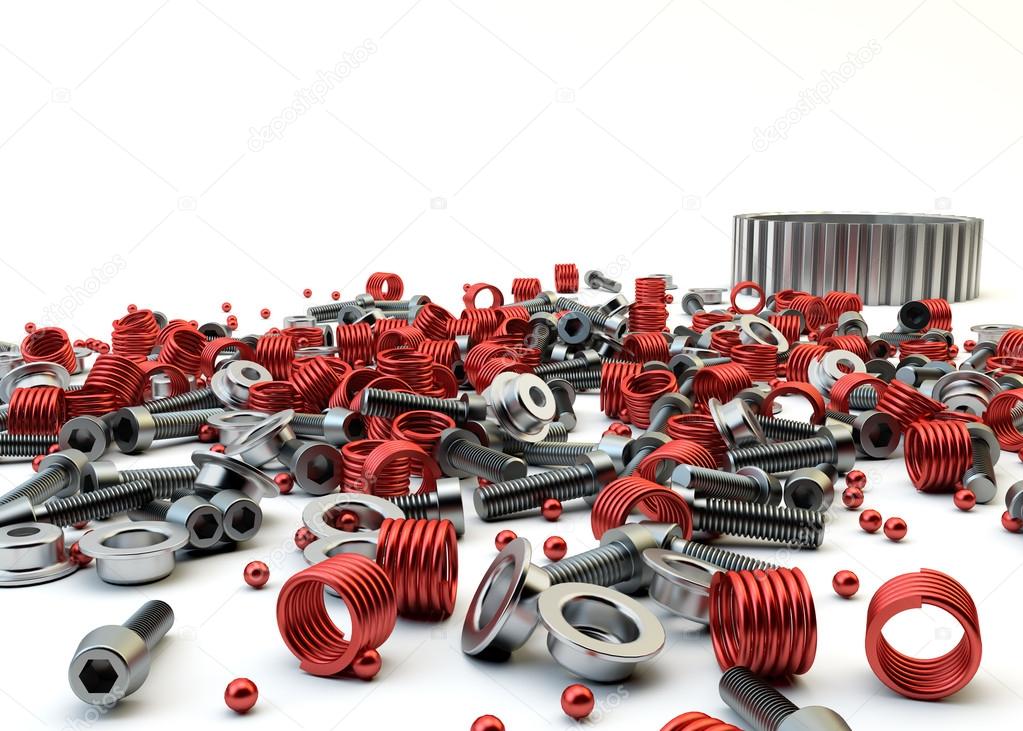 Closeup Pile of nuts and bolts from disassembled clutch isolated