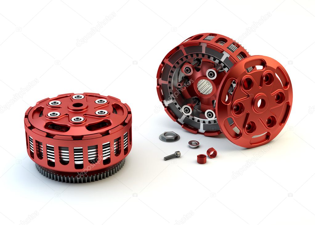 Motobike Clutch parts disassembled isolated on white background