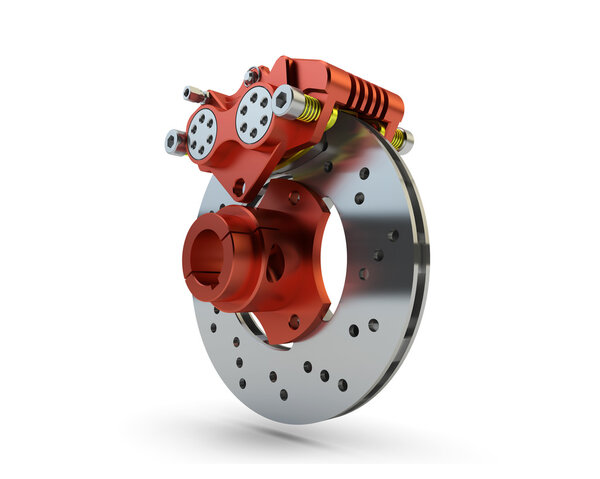 Тормозной диск и красный Calliper от гоночного мотоцикла изолированы на
