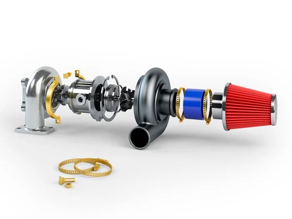 Zdemontowany turbosprężarki sistem z filtrem powietrza na białym tle na whi — Zdjęcie stockowe