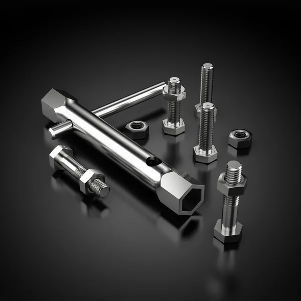 Tool Kit with bolts and screws on black reflective background — Stock Photo, Image