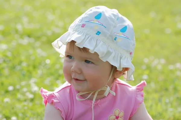 Portrait of baby in blue hat — Stock Photo, Image