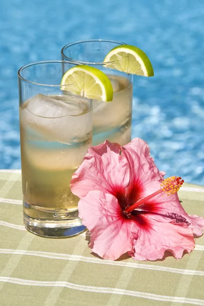 Ginger ale drankjes in de voorkant van een zwembad — Stockfoto