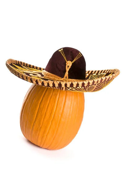 Pumpkin Wearing a Sombrero Isolated on White — Stock Photo, Image