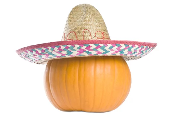 Big Pumpkin Wearing a Sombrero Isolated on White — Stock Photo, Image