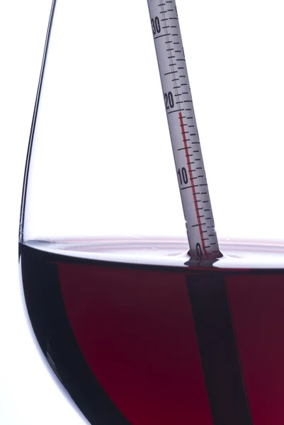 Medición de la temperatura del vino tinto con un termómetro de vino (Celsius ) — Foto de Stock