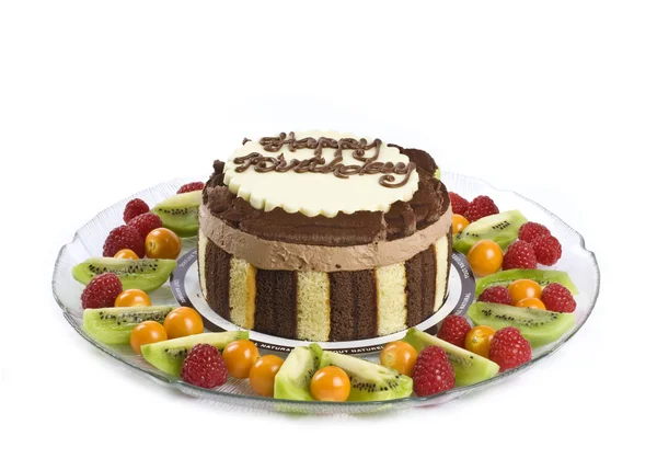 Triple Chocolate Mousse Birthday Cake with Fruits — Stock Photo, Image