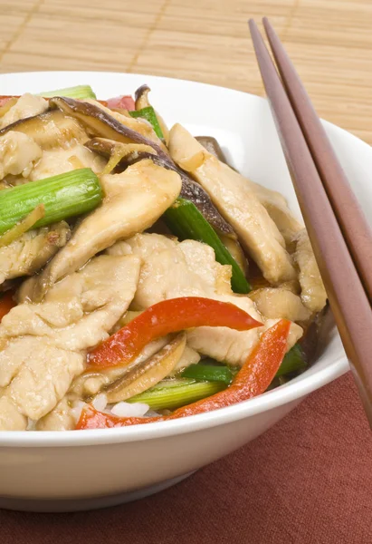 Stir Fried Chicken with Mushrooms Over Rice — Stock Photo, Image