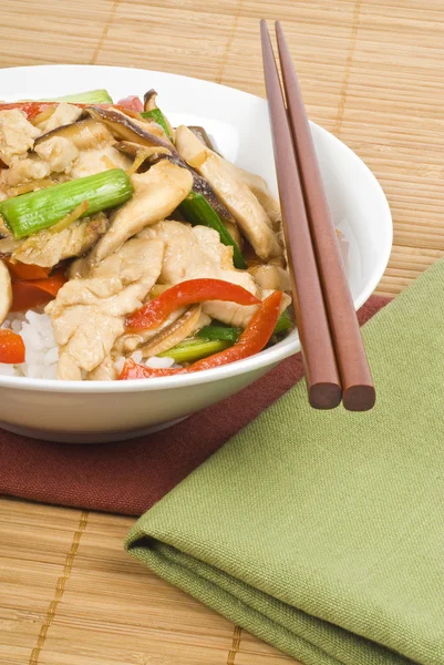 Stir Fried Chicken with Mushrooms Over Rice — Stock Photo, Image