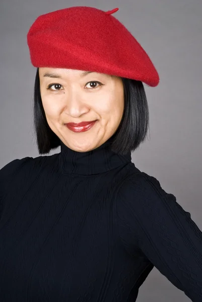 Asian Woman with Short Hair and a Red Beret — Stock Photo, Image