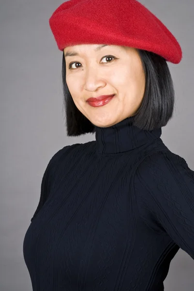 Asian Woman with Short Hair and a Red Beret — Stock Photo, Image