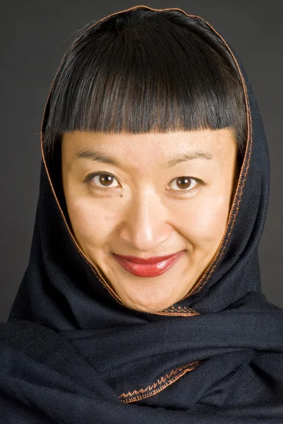 Asian Woman with Black Scarf Wrapped Around Her Head — Stock Photo, Image