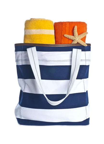 Beach Bag with Colorful Towels and Flip Flop Isolated on White — Stock Photo, Image