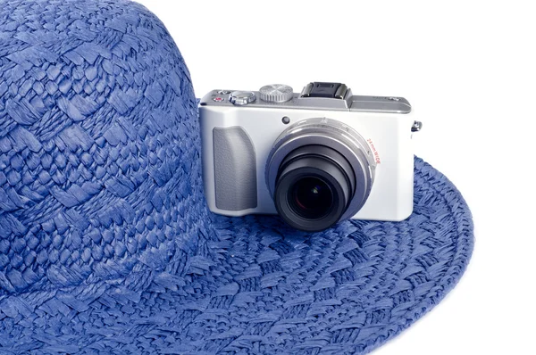Woman Blue Straw Hat and a Digital Point and Shoot Camera Isolated on White — Stock Photo, Image