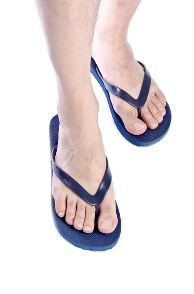 Men Feet Wearing Navy Blue Flop Flops — Stock Photo, Image