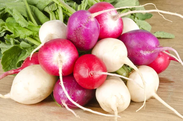 Red, Purple and White Radishes on Wood Surface — Stock Photo, Image